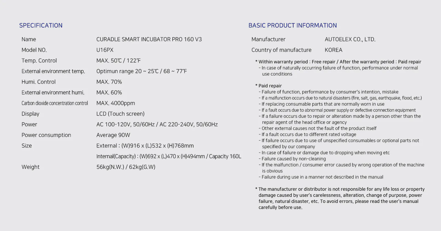 Curadle Smart Incubator PRO 160 V3: Технические характеристики Curadle 160